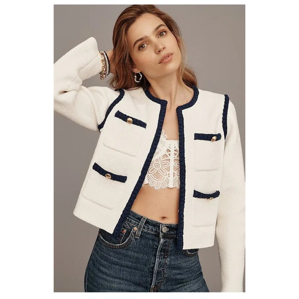 Anthopologie Maeve Collarless Tipped Knit Jacket Cream White XS NWT *Small Flaw*